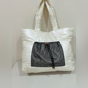 Women's Quilted Puffer Tote Bag‎ Purse White/Black Lightweight Travel Insulated